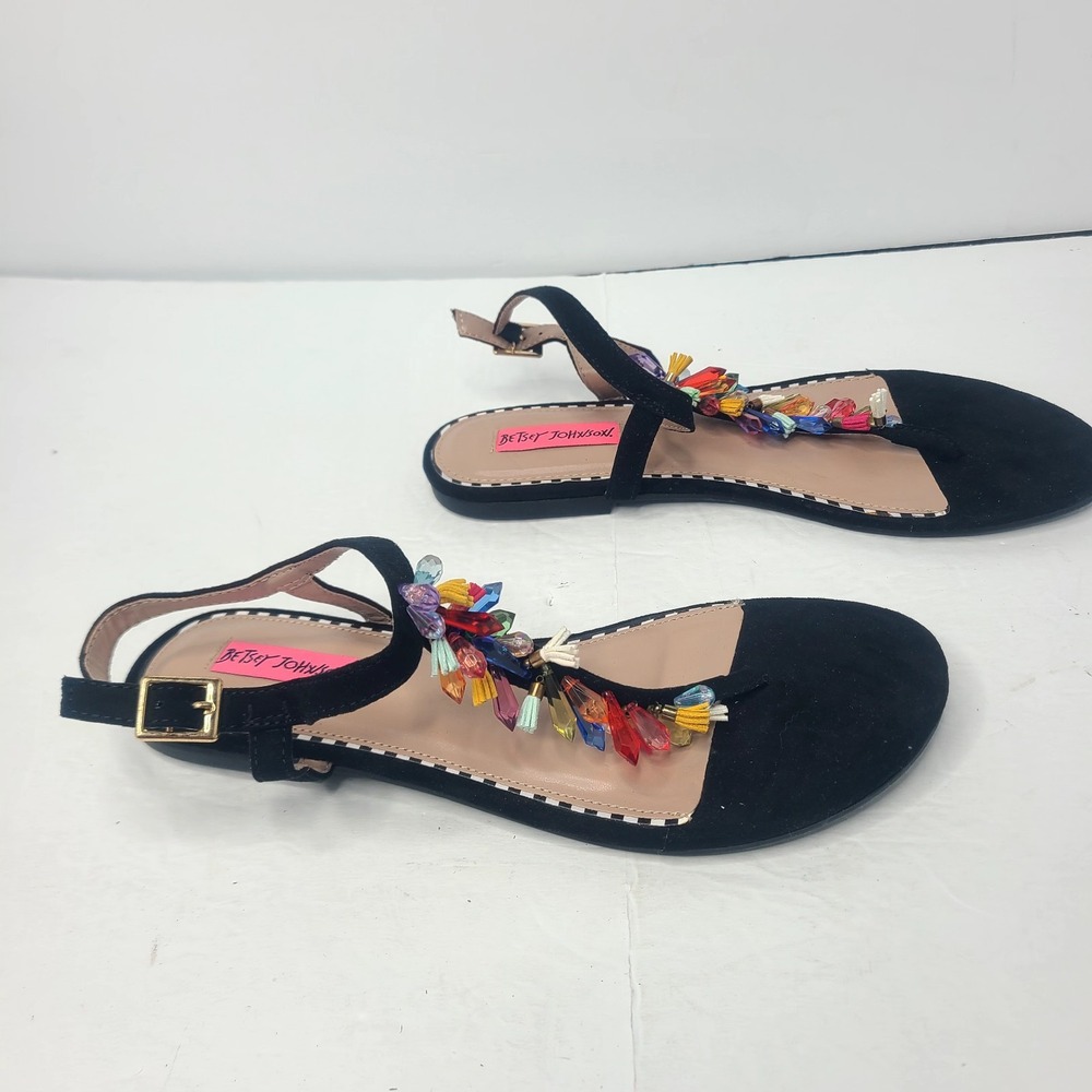 Betsey Johnson Colorful Gemstone T-Strap Flat Sandals Black Boho Bling 8.5 - Picture 2 of 9